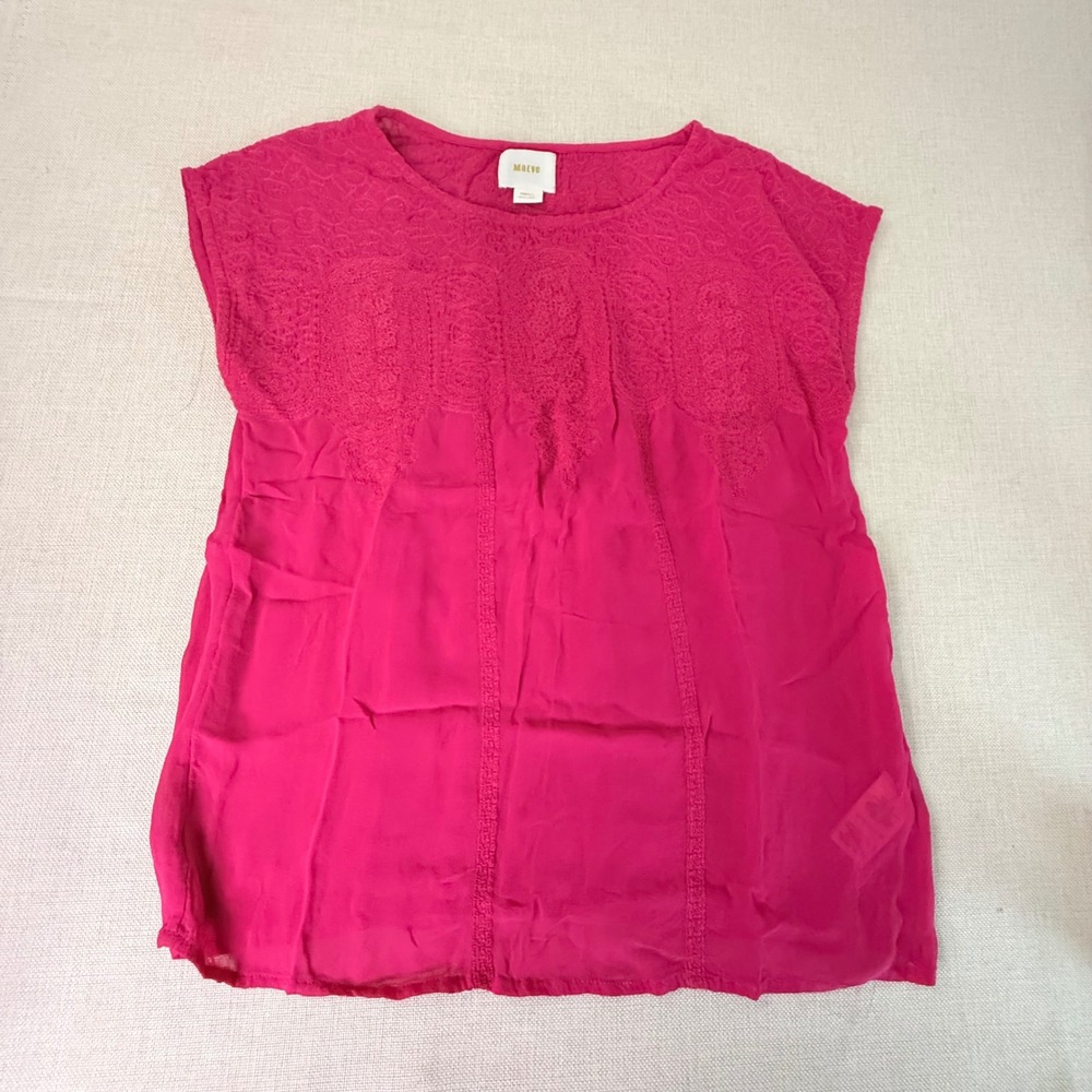 Maeve Anthropologie Hot Pink Embroidered Rayon Blouse Small Cap Sleeve Boho Top